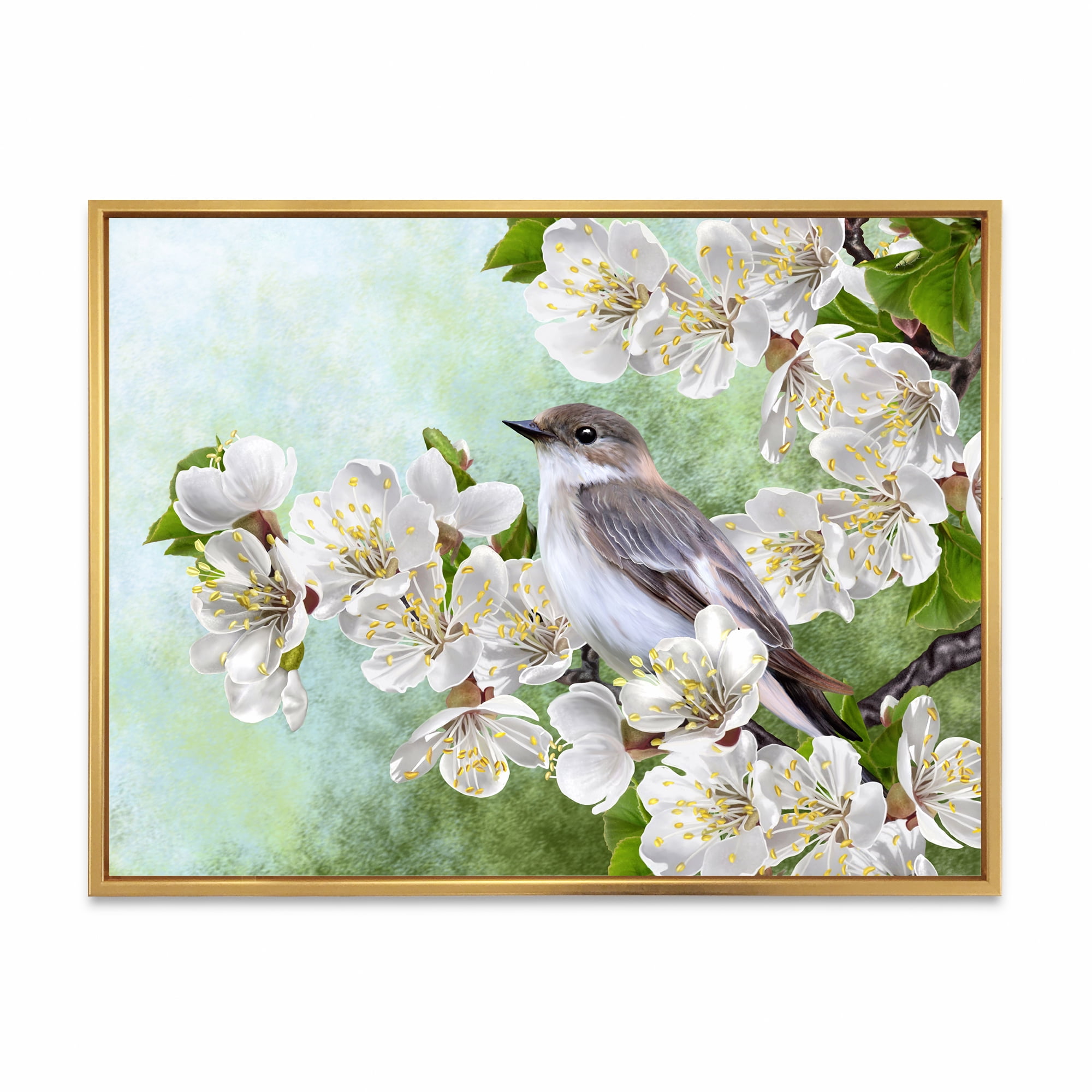 Gray Bird Sitting On A Branch of A Blossoming Tree 32 in x 16 in Framed Painting Canvas Art Print, by Designart