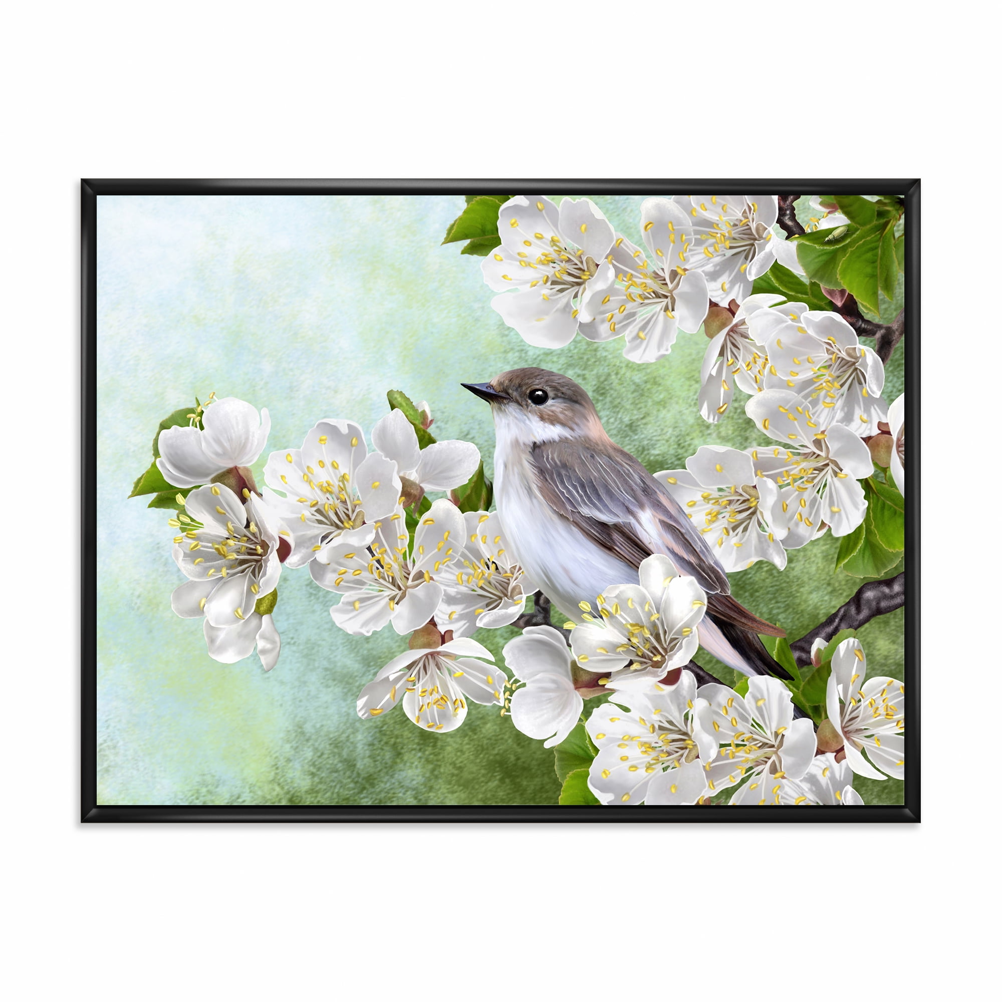 Gray Bird Sitting On A Branch of A Blossoming Tree 32 in x 16 in Framed Painting Canvas Art Print, by Designart