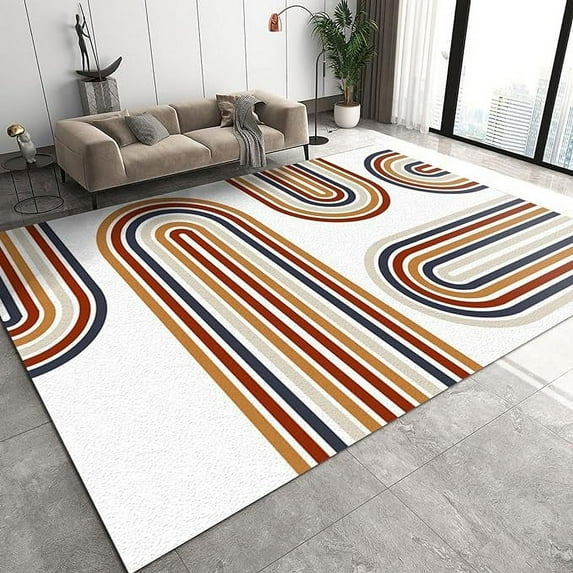 Gray Black Blue Pink Curved Design Area Rug, Retro Vintage 70s Style Stripes Home Decor Kids Rugs, Machine Washable Breathable Durable Carpet For Front Entrance Floor Decor 4 x 5ft