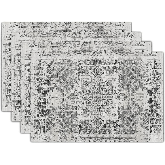 Gray Black Boho Placemats Set of 4 Ethnic Bohemian Carpet Place Mats Washable Kitchen Dining Vintage Grey Geography Floral Linen Table Mats Stain Heat-Resistant Cloth Tabel for Home Party 12x18 in