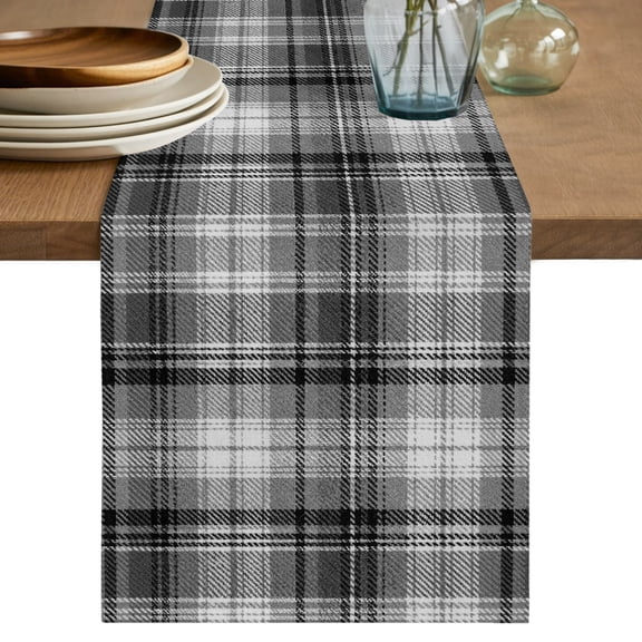 Gray Black Buffalo Plaid Short Table Runner 36 Inches Long,White Farmhouse Modern Striped Cotton Linen Table Runners Dresser Scarves,Fabric Tabletop Scarf Furniture Cover for Dinner Party 13"x36"
