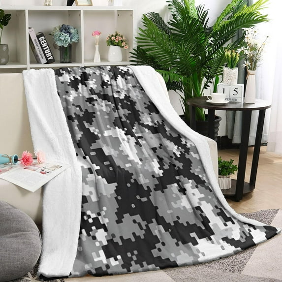 Gray Black Camo Digital Pattern Blanket,Comfortable Soft Flannel Throw Blanket,All Season,Warm Lightweight Blankets for Sofa Bed Couch Living Room Chair,60"x80"