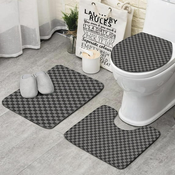 Gray and Black Checkerboard Pattern Bathroom Rugs Sets 3 Piece,Toilet Cover Set,Absorbent Non Slip Bathroom Mats Sets with U-Shaped Contour Rug Toilet Rug Set