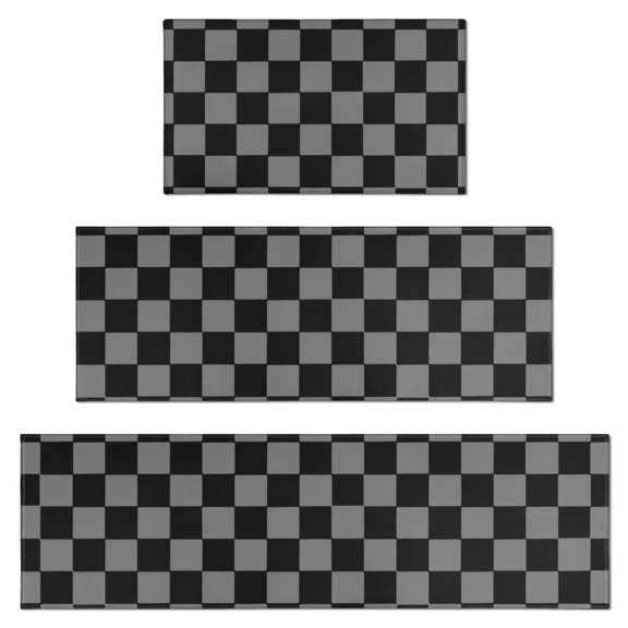 Gray Black Checkerboard Pattern Kitchen Rugs Set Of 3, 17"X30"+17"X47"+17"X59" Non-Skid Washable Anti-Fatigue Mats