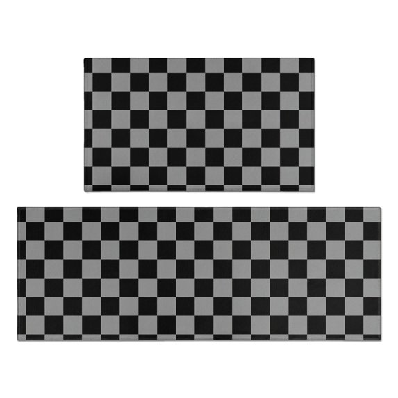 Gray and Black Checkered Pattern Anti Fatigue Kitchen Rugs Set Of 2, Non Slip Washable Decorative Floor Mats for Kitchen Sink Laundry, 17"x30" and 17"x47"