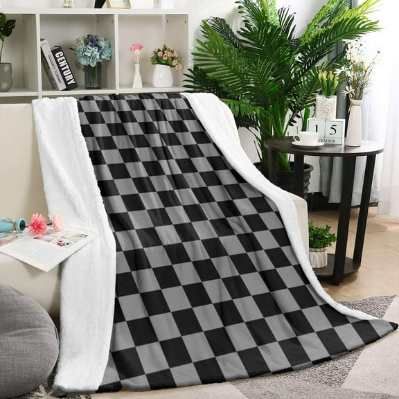 Gray and Black Checkered Pattern Blanket,Comfortable Soft Lamb Wool Throw Blanket,All Season,Warm Lightweight Blankets for Sofa Bed Couch Living Room Chair,60"x80"
