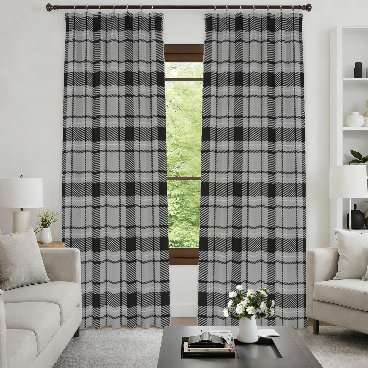 Gray and Black Checkered Pattern Pinch Pleat Semi Sheer Linen Curtains ...