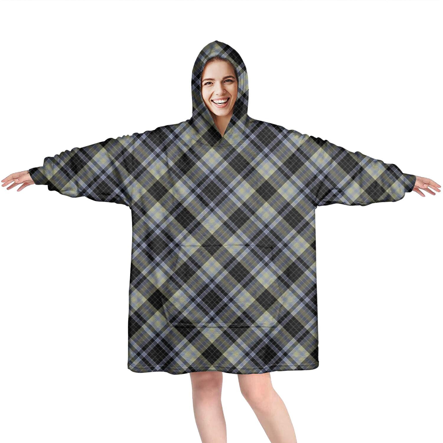 Gray Black Checkered Pattern Wearable Oversized Blanket,Wearable Blanket Hoodie for Adults,Cozy Hooded Blankets with Super Pockets,Super Warm Fuzzy Pullover for Women & Men