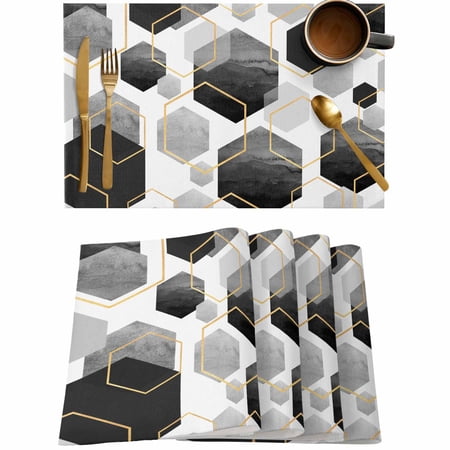 Gray Black Color Block Geometric Placemats Set of 4,Wipeable Washable Table Mats for Dining Tables,Gold Stripe Hexagon Place Mats for Kitchen Event Party Tabletop Decor