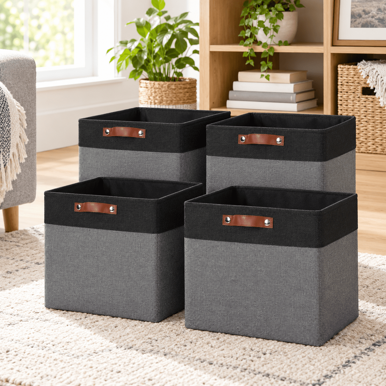 Gray / Black Cube - 13"x13"x13" 4-Pack Fabric Storage Baskets with ...