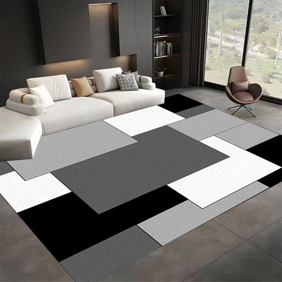 Gray Black Geometric Area Rug, Abstract Color Block Pattern Carpet, Washable Non Slip Low Pile Soft Thin, Living Room Bedroom Entryway Study Office Home Decor Mat 2x3ft(Small)