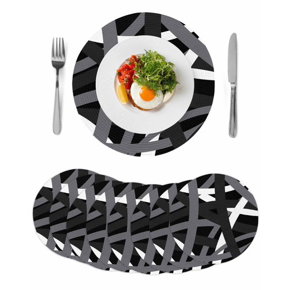 Gray Black Geometric Round 15 Inch Placemats Set of 8, Modern Art Abstract Grey Line HeatResistant Non Slip Place Mats for Dining Table, Wipeable Braided Kitchen Table Mats for Housewarming