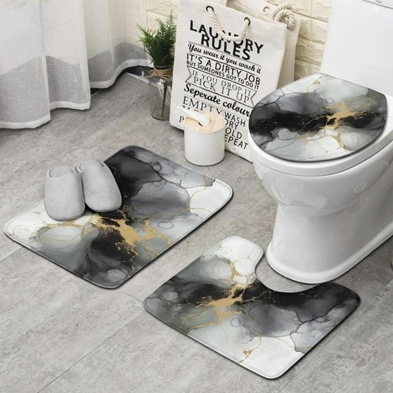 Gray Black Gold Marble Pattern Bathroom Rugs Sets 3 Piece,Toilet Cover Set,Absorbent Non Slip Bathroom Mats Sets with U-Shaped Contour Rug Toilet Rug Set