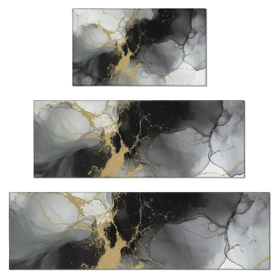 Gray Black Gold Marble Pattern Kitchen Rugs Sets Of 3,Kitchen Runner Rugs Non Skid Washable,Decorative Kitchen Floor Mats for Kitchen,Sink,Laundry,17"x30"+ 17"x47" + 17"x59"