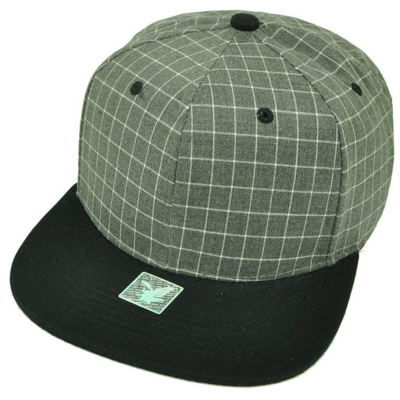 Gray Black Grid Square Pattern Flat Bill Snapback Hat Cap Blank Plain Adjustable