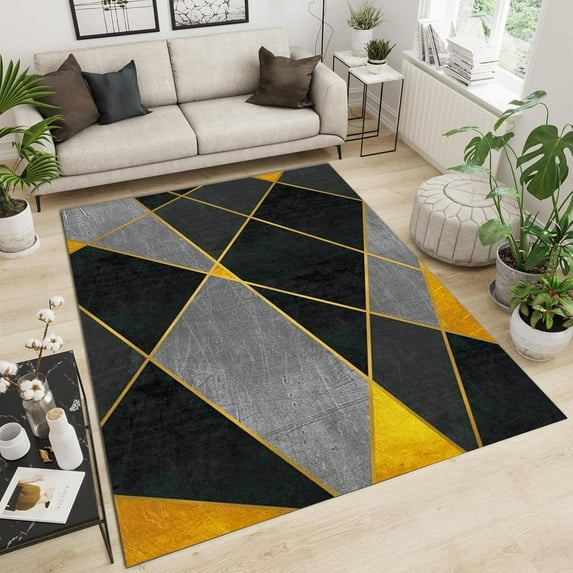 Gray Black Marble Texture Area Rug Golden Lines Abstract Geometry Large Rugs Indoor Non Slip Machine Washable Breathable Durable Carpet Front Entrance Floor Decor 5x7 Non-slip