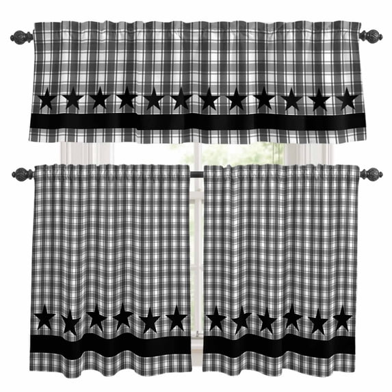 Gray Black Plaid Kitchen Curtains Sets for Windows 36 Inch Length, Vintage Star Greyish Buffalo Lattice Rod Pocket Window Treatments Tier Curtains and Valances Set for Bedroom/Bathroom