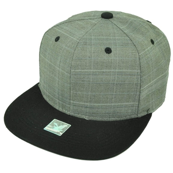 Gray Black Plaid Square Hat Cap Snapback Flat Bill Blank Plain Adjustable Solid