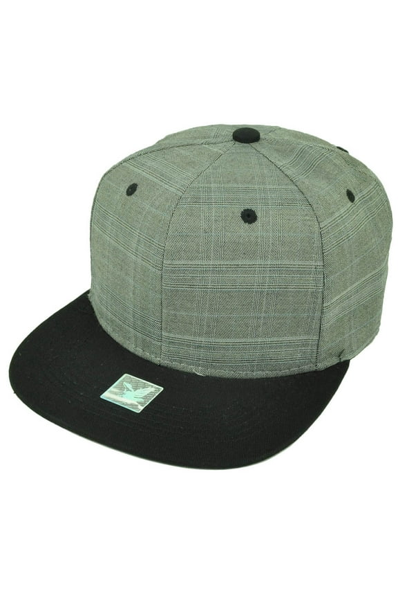 Gray Black Plaid Square Hat Cap Snapback Flat Bill Blank Plain Adjustable Solid