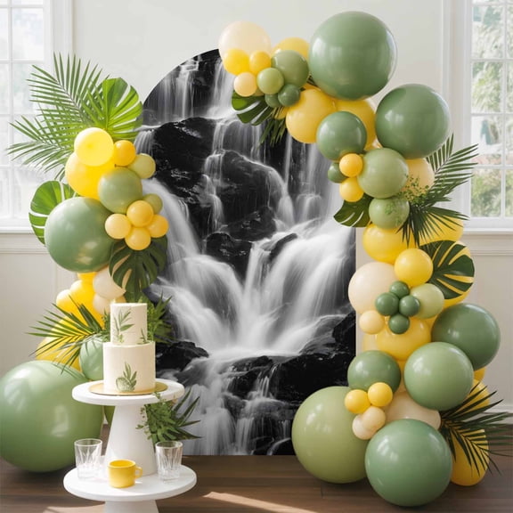 Gray Black Waterfall Arch Backdrop Cover, 4FT, Rushing Water Dark Rocks Realistic Style Spandex Arch Covers Double-Sided Backdrop for Wedding Birthday Party Photo Background Decoration