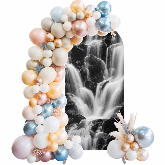 Gray Black Waterfall Arch Backdrop Cover 5 FT Rushing Water Dark Rocks Realistic Style Stretchy Elastic Arch Stand Covers Spandex Arched Background Birthday Wedding Party Decoration (No Stand)