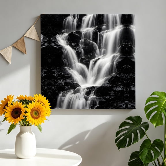 Gray Black Waterfall Canvas Wall Art for Living Room, Rushing Water Dark Rocks Realistic Style Wall Decor Framed Artwork Pictures Ready to Hang for Bedroom Office Home Decor 16x16 Inch