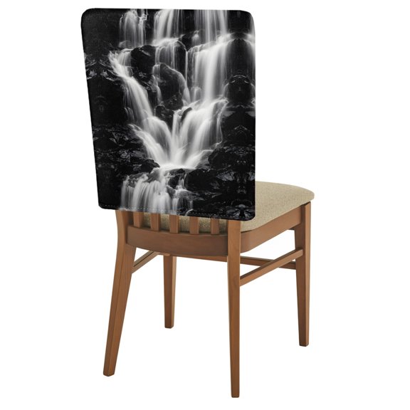 Gray Black Waterfall Chair Back Covers Set of 6 Rushing Water Dark Rocks Realistic Style Removable Dining Chair Slipcovers Washable Seat Protector for Restaurant Party Banquet Kichen Decor