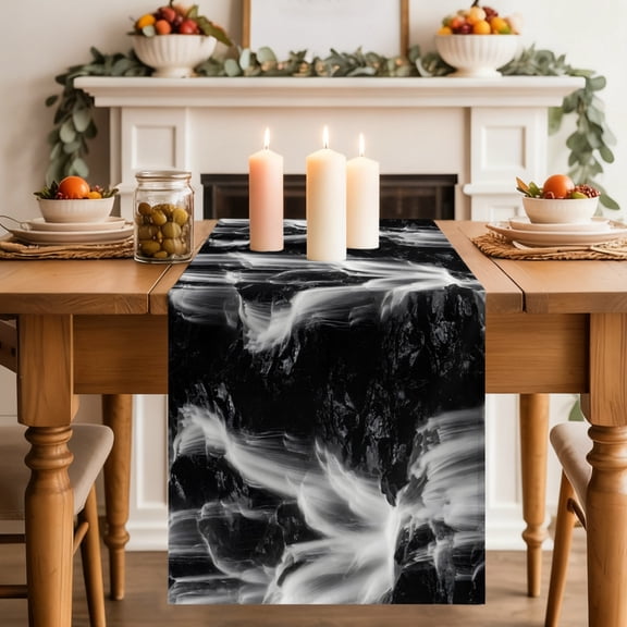 Gray Black Waterfall Dining Table Runner, Rushing Water Dark Rocks Realistic Style Washable Table Runners Kitchen Coffee Table Center Decor for Home Party Holiday Wedding 13 x 90 Inches