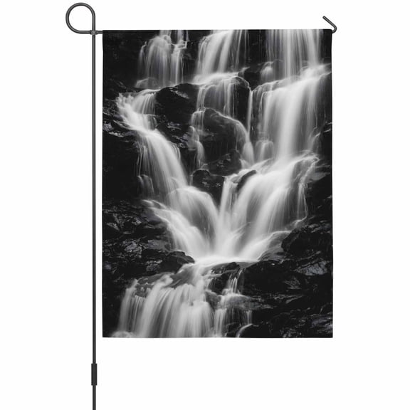 Gray Black Waterfall Garden Flag 12 x 18 Inches, Rushing Water Dark Rocks Realistic Style Weather Proof Outdoor Patio Flags Double Sided Small Garden Decoration for Yard Outside Home