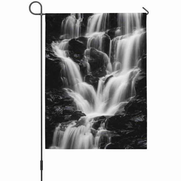 Gray Black Waterfall Garden Flags For Outdoor, Rushing Water Dark Rocks Realistic Style Small Double Side Yard Flags Weather Proof Garden Decor for Lawn Outside Holiday 12 x 18 Inches