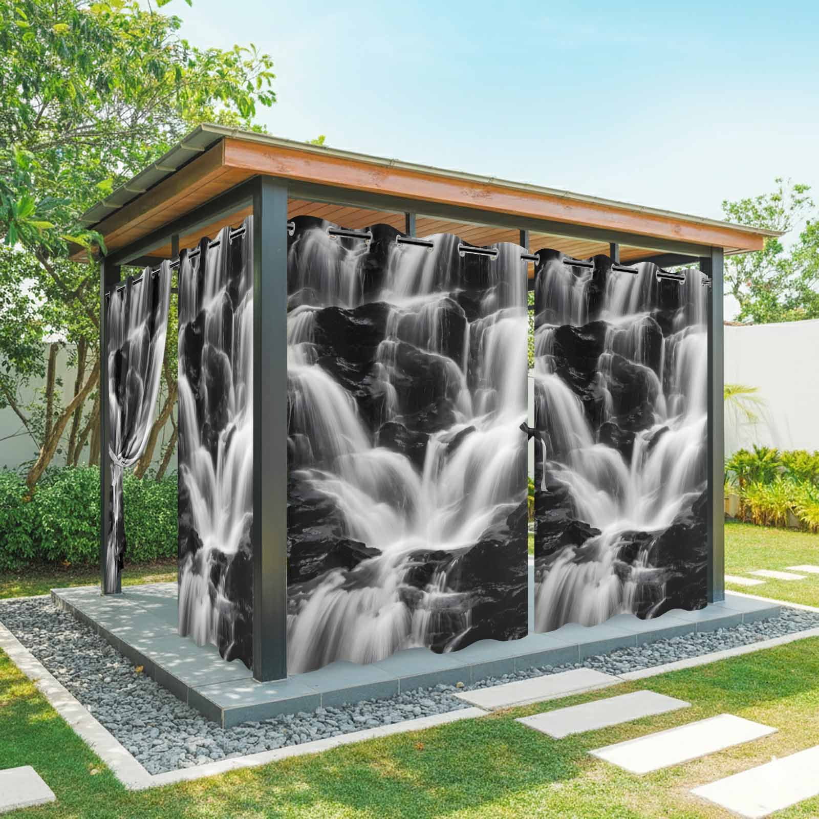 Gray Black Waterfall Outdoor Curtains for Patio, Rushing Water Dark Rocks Realistic Style Sunshade Privacy Drapes Grommet Waterproof Outside Curtains for Porch/Cabana/Balcony 54"x 108", 1 Panel