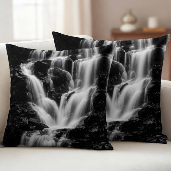 Gray Black Waterfall Pillow Covers 2 Pack Rushing Water Dark Rocks Realistic Style Pillowcase Waterproof Outdoor Throw Pillow Cover for Patio Garden Balcony Decorative Square Cushion 16"x16"