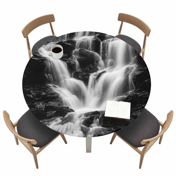 Gray Black Waterfall Round Fitted Table Cover Rushing Water Dark Rocks Realistic Style Waterproof Table Cloth with Elastic Edge Wipeable Tablecloth for Picnic Camping Party Fits 36"-44" Tables