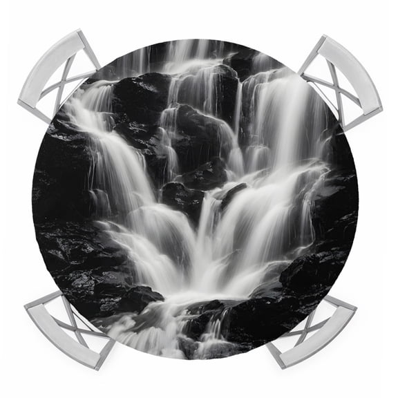 Gray Black Waterfall Round Table Cover, Rushing Water Dark Rocks Realistic Style Waterproof Fitted Tablecloths for 36"-44" Tables, Washable Picnic Table Cover for Camping Dining Indoor Outdoor