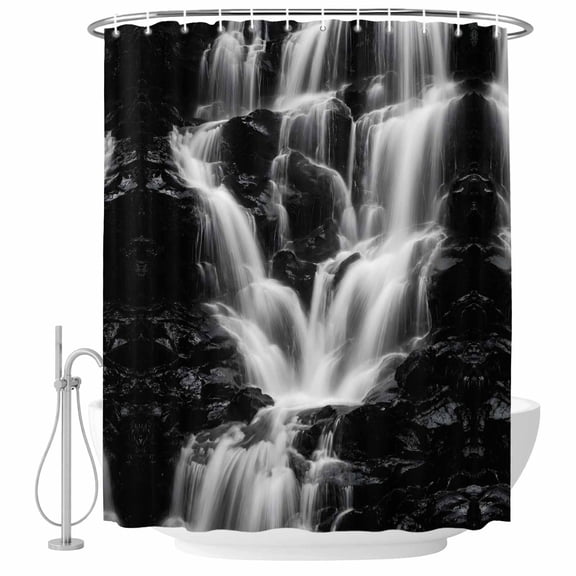 Gray Black Waterfall Shower Curtain for Bathroom, Rushing Water Dark Rocks Realistic Style Waterproof Cloth Fabric Bathroom Accessories Set with 12 Rust Proof Plastic Hooks, 72"x84"
