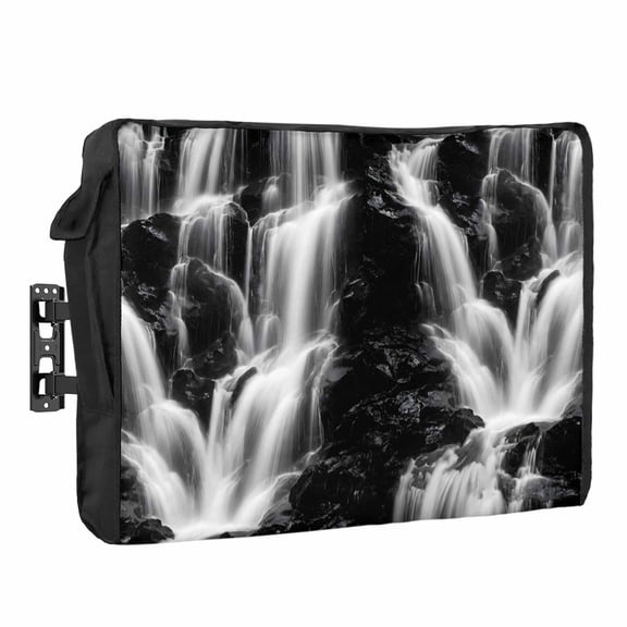 Gray Black Waterfall Waterproof Outdoor TV Cover, Rushing Water Dark Rocks Realistic Style Outside Weatherproof TV Enclosures for 30 to 32 Inch LCD Television Shield Flat Screen Protectors