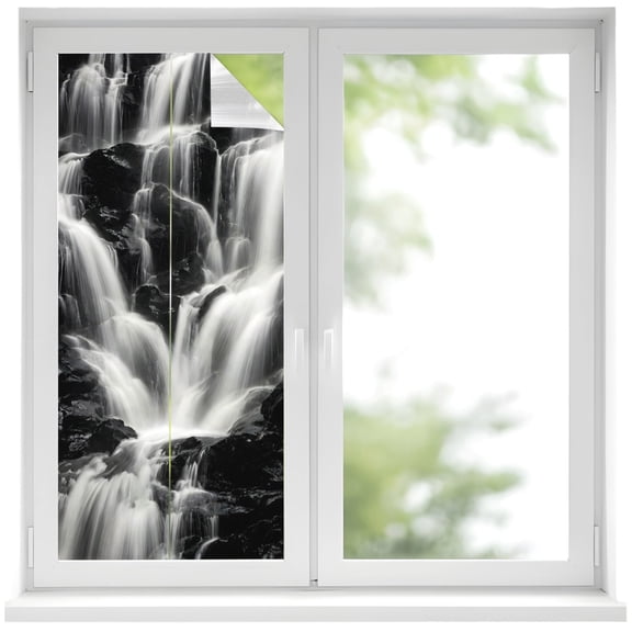 Gray Black Waterfall Window Privacy Film, Rushing Water Dark Rocks Realistic Style Frosted Glass Window Clings Static Cling UV Heat Blocking Reusable Door Sticker for Bathroom 17.7 x 39.3 Inch