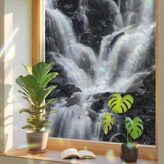 Gray Black Waterfall Window Privacy Film, Rushing Water Dark Rocks Realistic Style Stained Glass Rainbow Film Decorative Window Clings, Static Cling Sun Blocking Stickers 17.7" x 39.3"