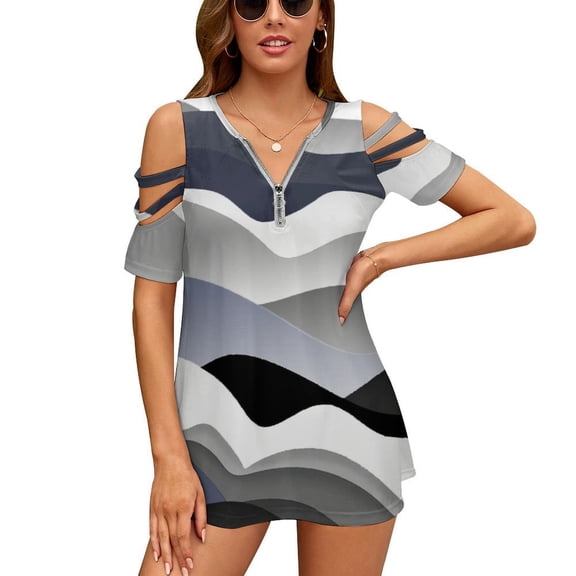 Gray Black White Gradient Abstract Womens Summer V Neck Zipper Top Short Sleeve T Shirt Off Shoulder Top Casual Classy Loose Shirts