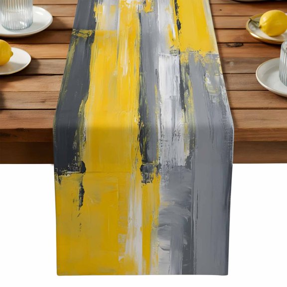 Gray Black Yellow Oil Painting Table Runner, Abstract Art Kitchen Table Runners Dress Scarves for Table Decorations Party/Restaurant/Indoor Outdoor Use, 13x36in