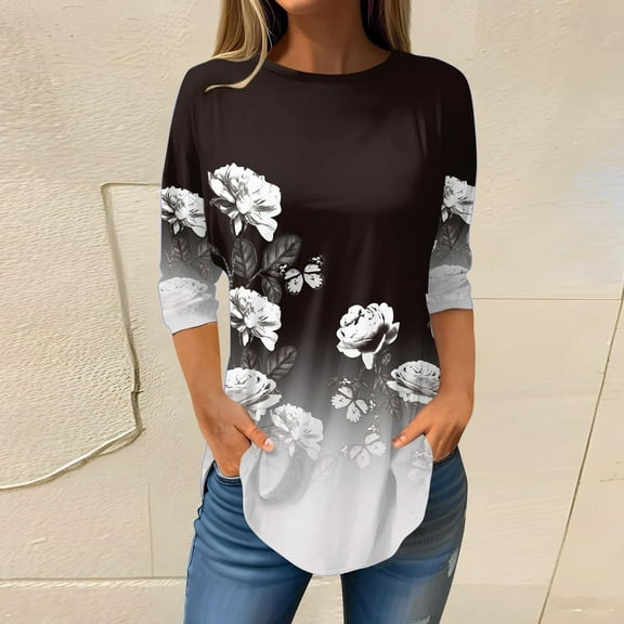 Gray Blouse for Women Plus Size, Polyester Tshirts Shirts for Women Graphic, 3/4 Sleeve Plus Size Work Clothes, Plus Size Top for Women, Floral Weekend Printed Womens Plus Size Blouse