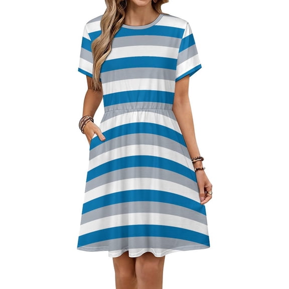 Gray Blue And White Stripes Dress Summer Street Style Dresses Female Short Sleeve Printed Sundress