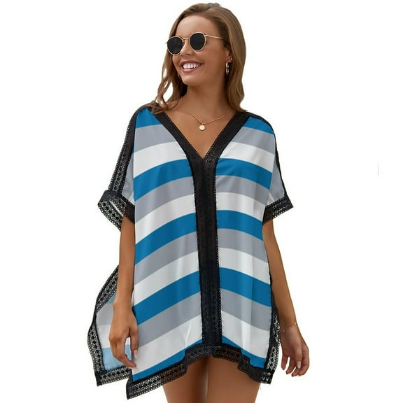 Gray Blue And White Stripes Women's Swimsuit Coverup Summer Beach Cover Up Bathing Suit Dress