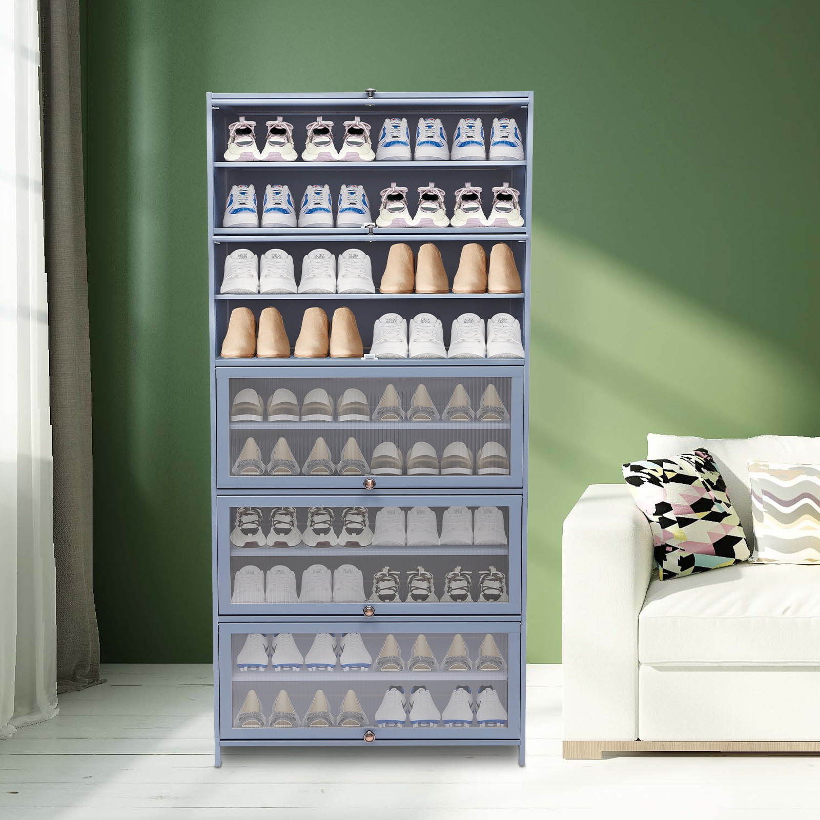 Gray-Blue Bamboo Acrylic 80*32*172cm 10-Story Shoe Cabinet Transparent Door Large-Capacity Storage Modern Door Shoe Rack
