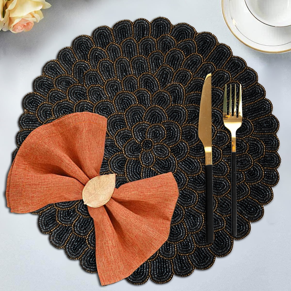 Gray Blue Beaded Placemats Set of 2 for Dining Coffee Table Scratch