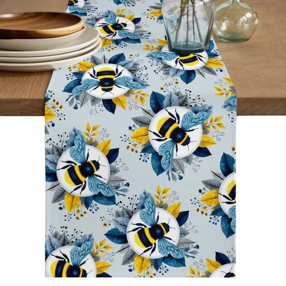 Gray Blue Bees Farmhouse Table Runner 72 Inches, Spring Summer Botanical Flowers Bed Runner Dresser Scarves Tabletop for Indoor Outdoor Parties/Ceremony/Banquet, 16" x 72"