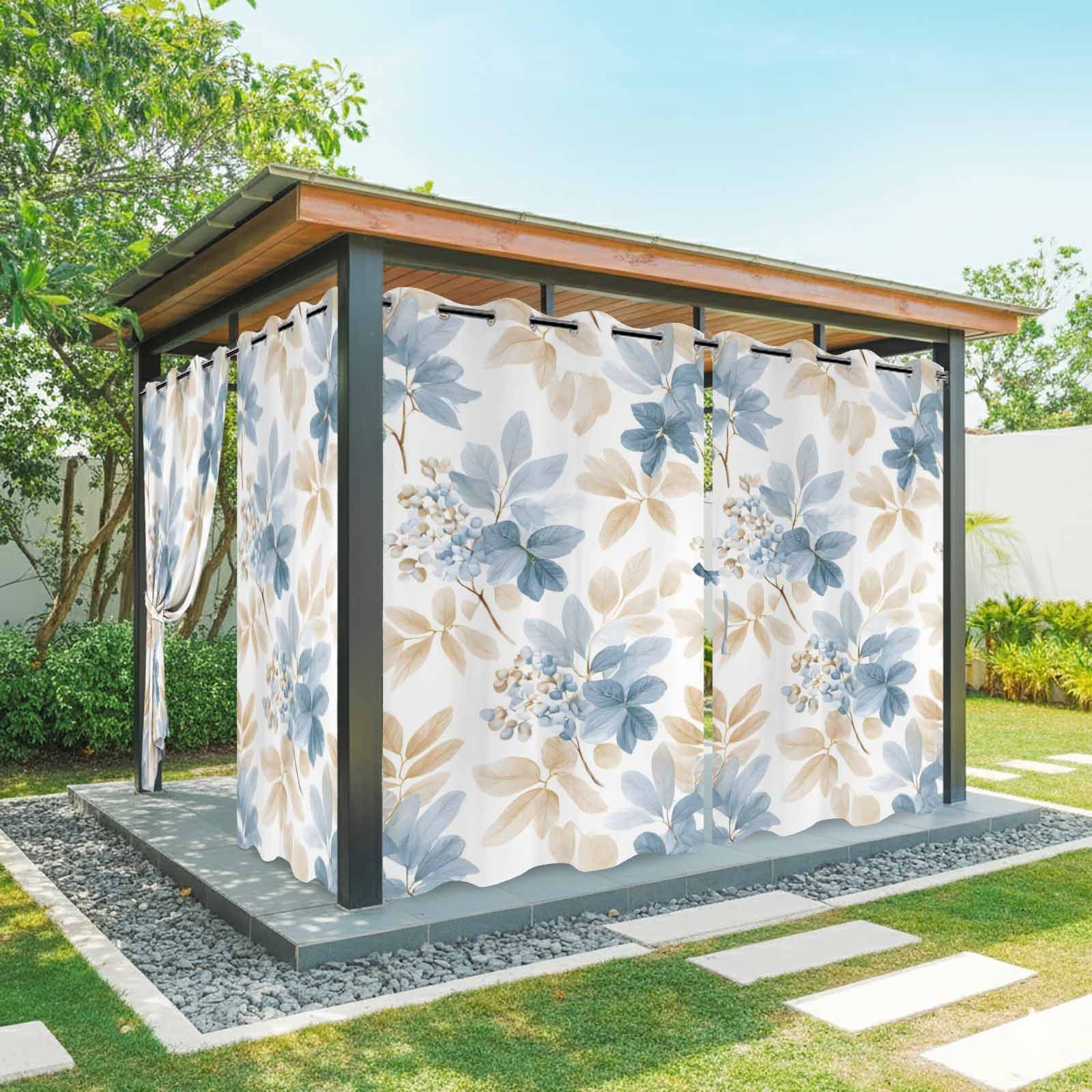 Gray Blue Brown Leaves Outdoor Curtains for Patio, Watercolor Botanical Floral Sunshade Privacy Drapes Grommet Waterproof Outside Curtains for Porch/Cabana/Balcony 54"x 108", 1 Panel