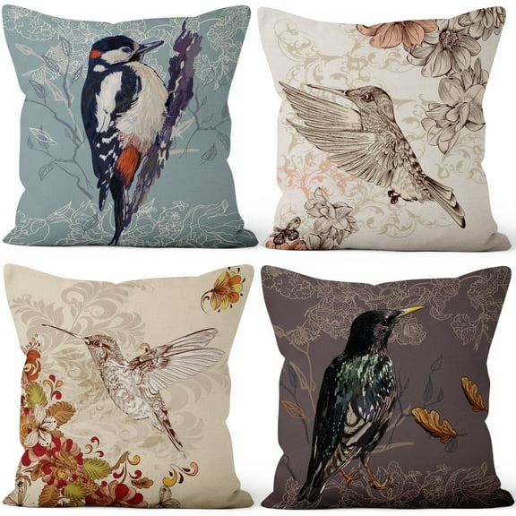 Pbobriich Set of 4 Vintage Bird Pillow Covers Outdoor Farmhouse Linen Cushion Covers Square Decorative Pillow Cases ,20X20in