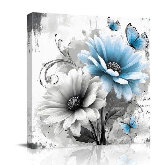 Gray Blue Daisy Butterfly Canvas Wall Art for Living Room, Floral Botanical Watercolor Plant Poster Print Painting for Bedroom Office Home Decoration Wall Pictures Prepare To Hang 12"x12"