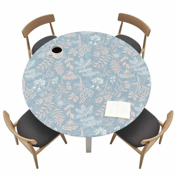 Gray Blue Dandelion Fitted Tablecloth with Elastic Edged, Round Table Cloth for Dining Table, Spring Flowers Modern Minimalist Waterproof Oil Proof Table Cover for Indoor Outdoor 45"-54"